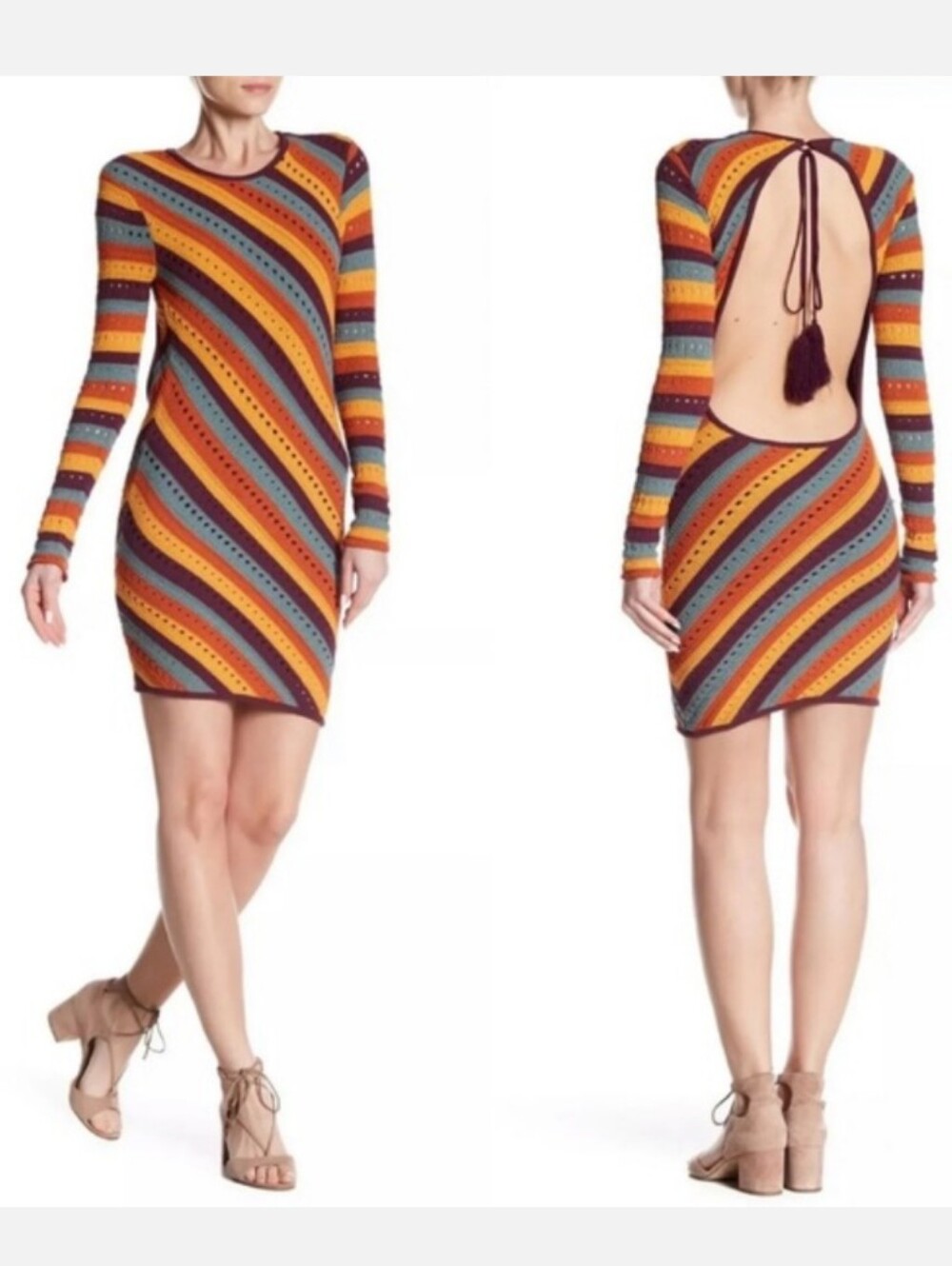Ronny Kobo Jules Dress Knit Mini Striped Tie Small Long Sleeve